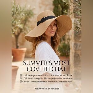 Wide Brim Straw Sun Hat with Black Grosgrain Ribbon NWOT ☀️